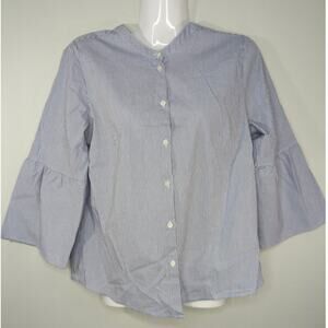 J. Crew Factory Blue‎ & White Stripe Cotton Blend Bell Sleeve Button-Down Top